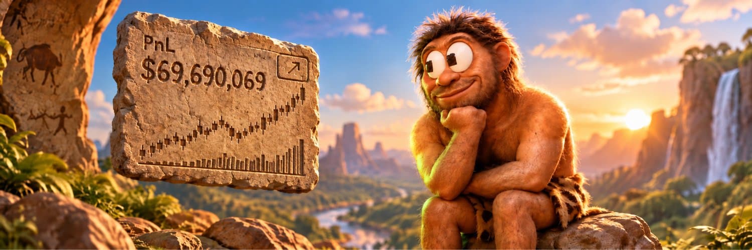Fomo Sapiens sits on a rock at sunset beside a stone tablet carved with a PnL of $69,690,069