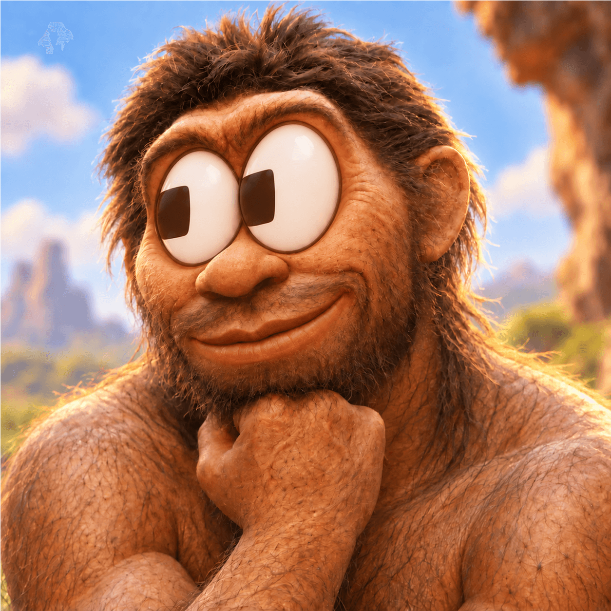 Portrait of Fomo Sapiens, a wide-eyed caveman resting his chin on his fist, smiling hopefully