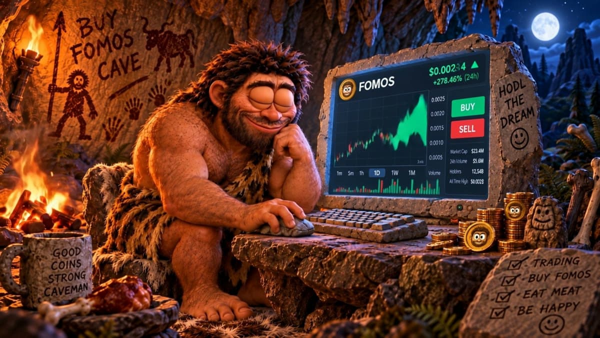 Fomo Sapiens with eyes closed, dreaming beside a pumping chart