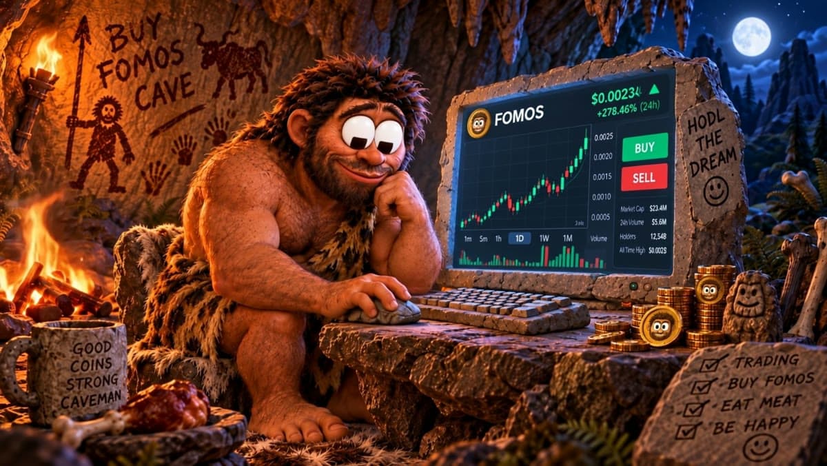 Fomo Sapiens at his stone trading desk, grinning at a green chart