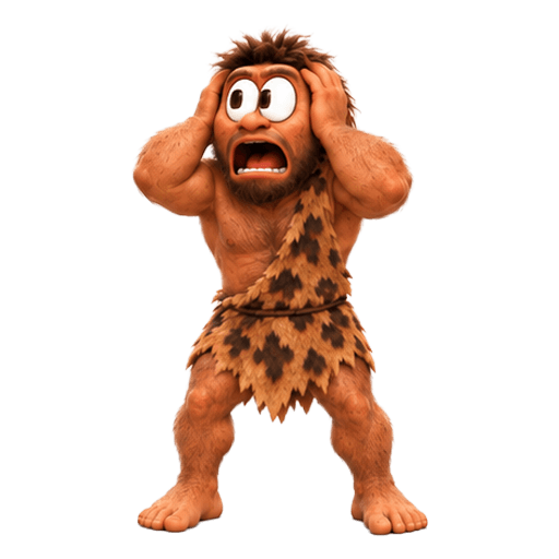 Fomo Sapiens screaming with his hands on his head