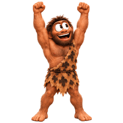 Fomo Sapiens celebrating with both arms raised